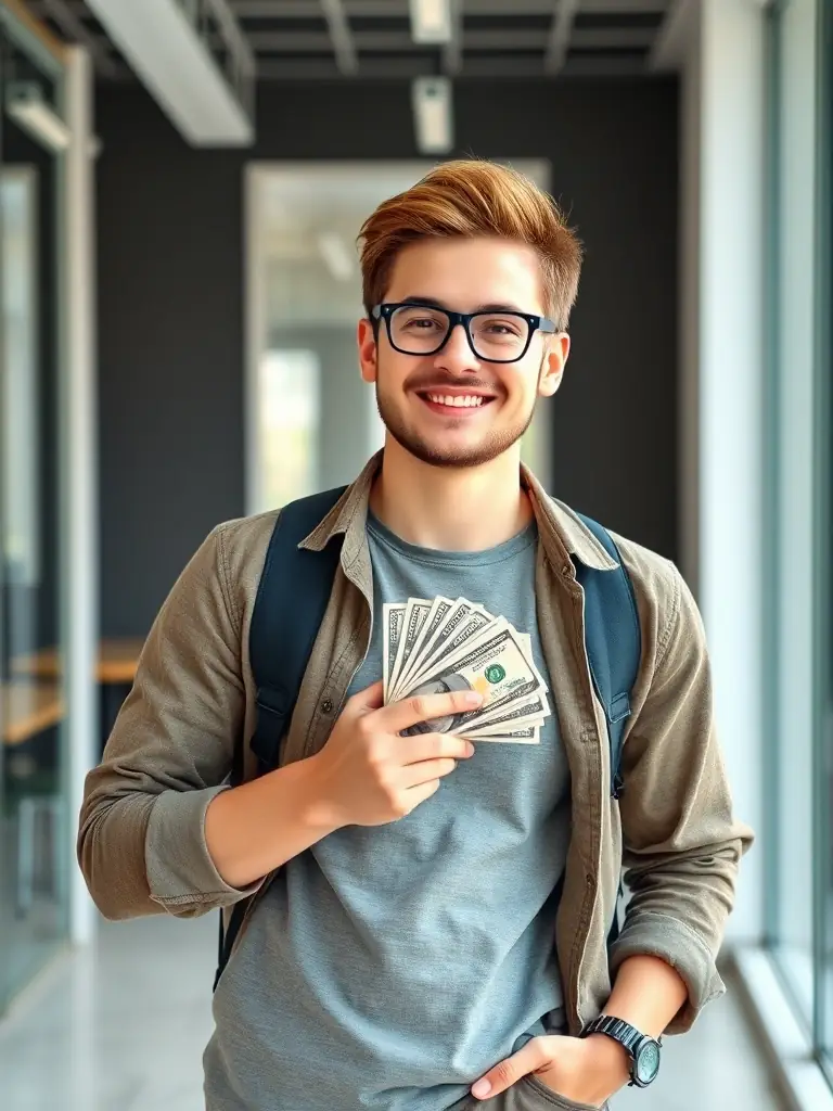 A person happily holding cash, symbolizing payment for participating in a CrowdUX user feedback session. The background is a modern office setting.